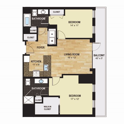 Floor plan for 2 beds, 2 baths, 1106 sqft